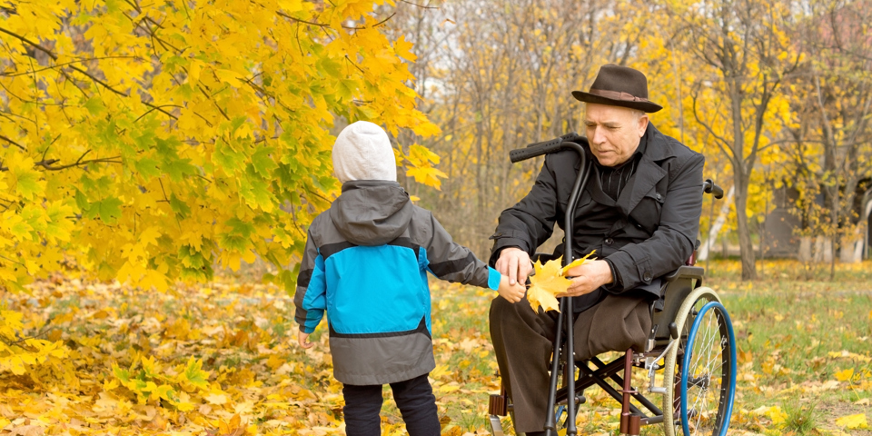 Ældre herre i kørestol leger med visne blade med et lille barn